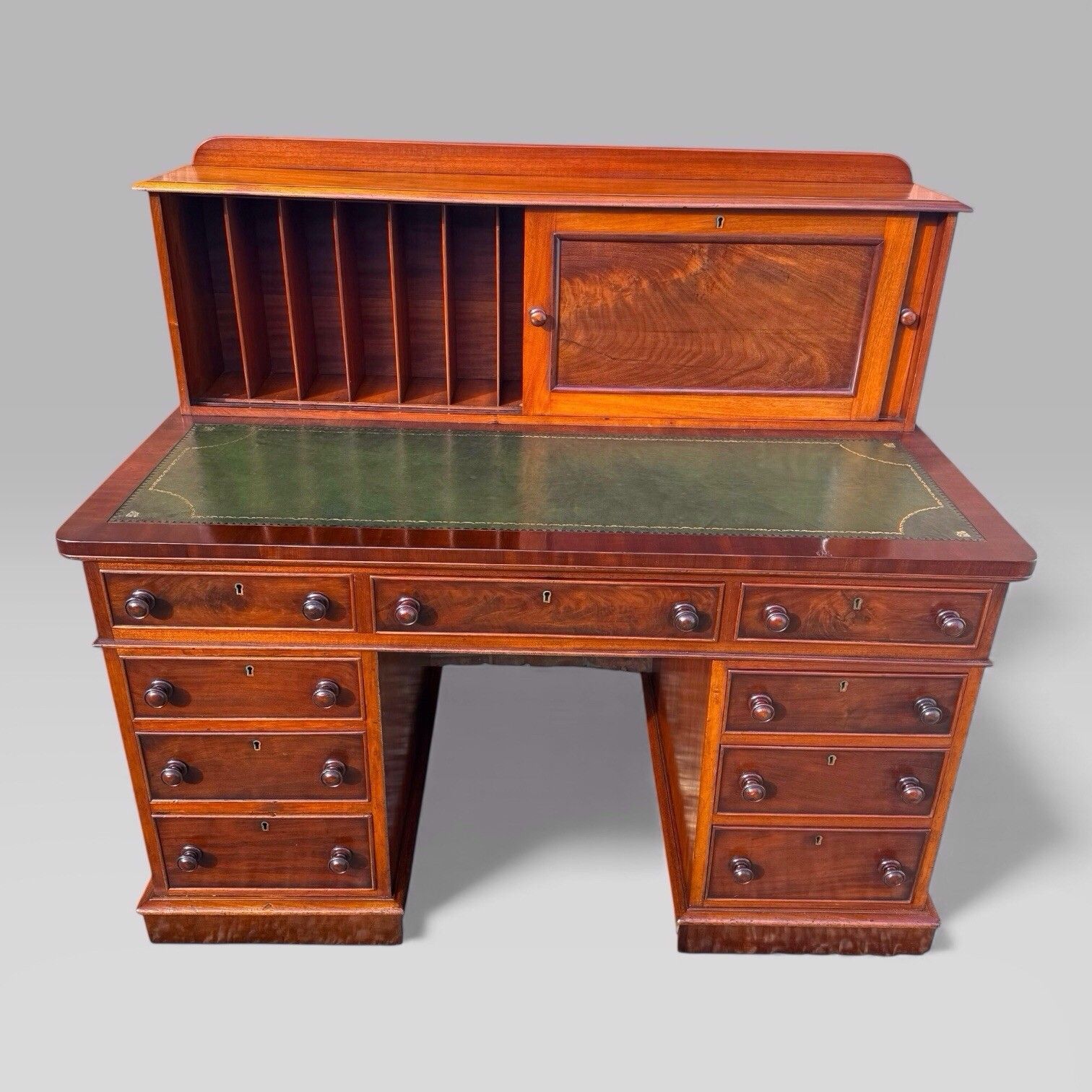 Antique Victorian Mahogany Pedestal Desk – 9 Drawers, Tooled Leather & Cupboard photo 1950.0
