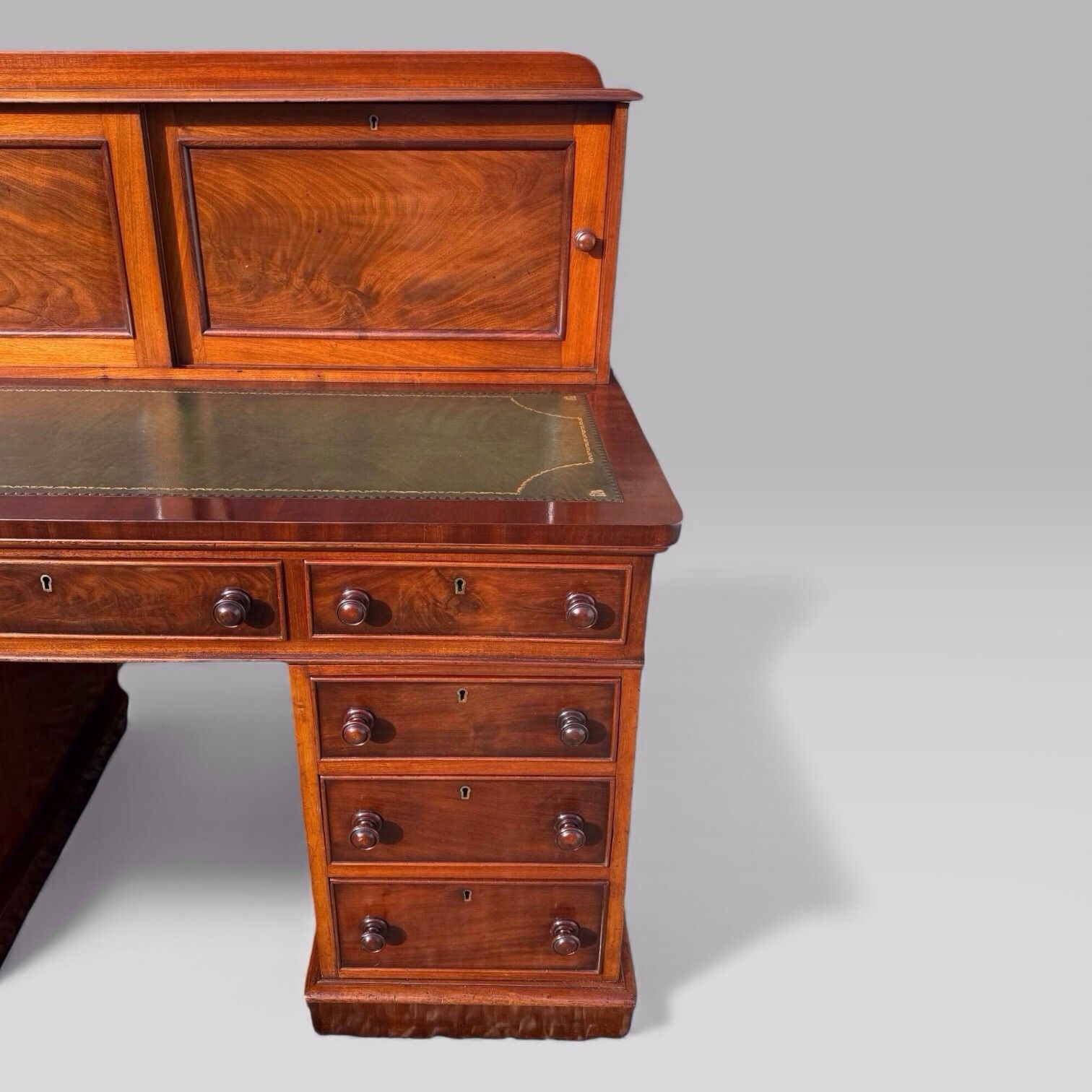 Antique Victorian Mahogany Pedestal Desk – 9 Drawers, Tooled Leather & Cupboard photo buy