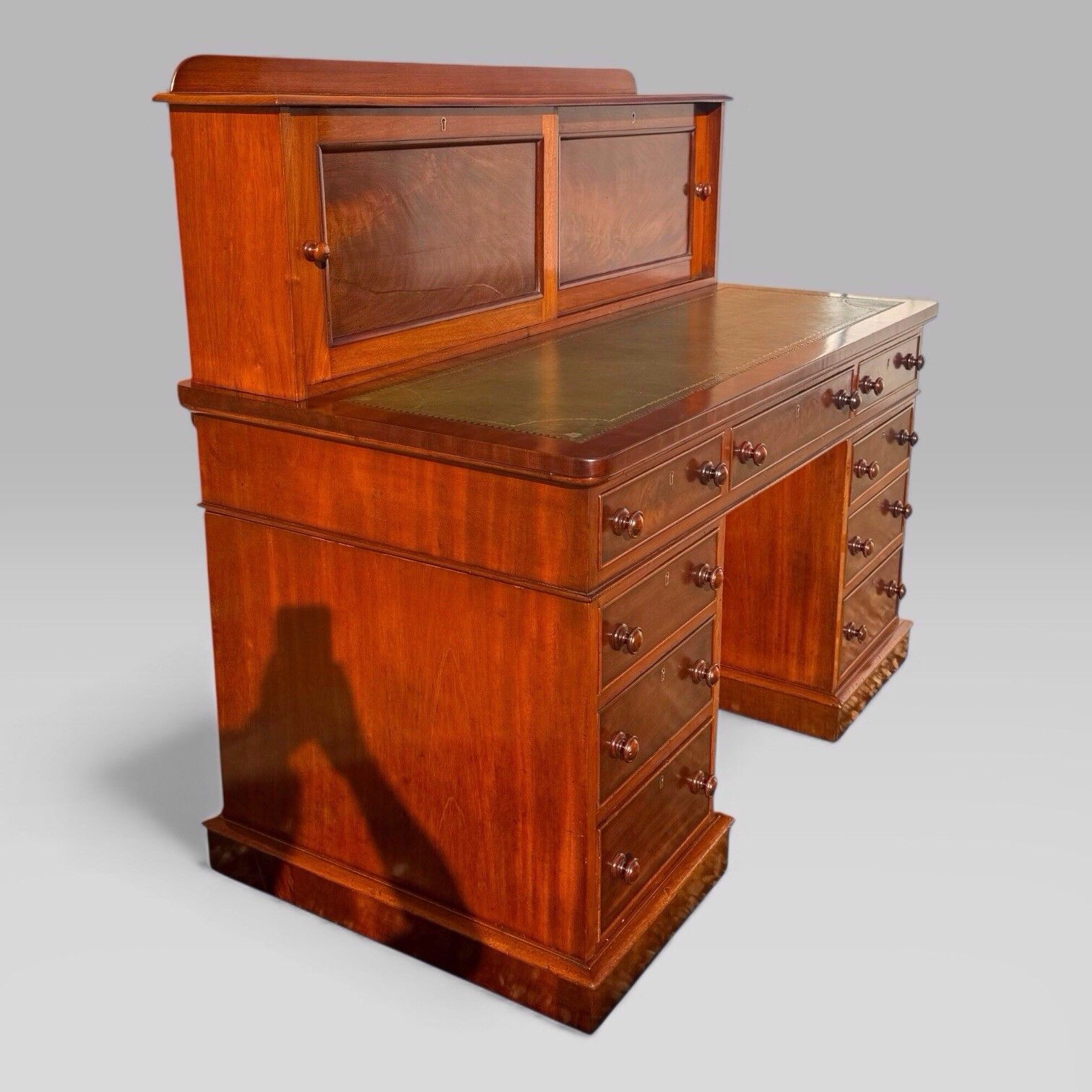 photo furniture Antique Victorian Mahogany Pedestal Desk – 9 Drawers, Tooled Leather & Cupboard