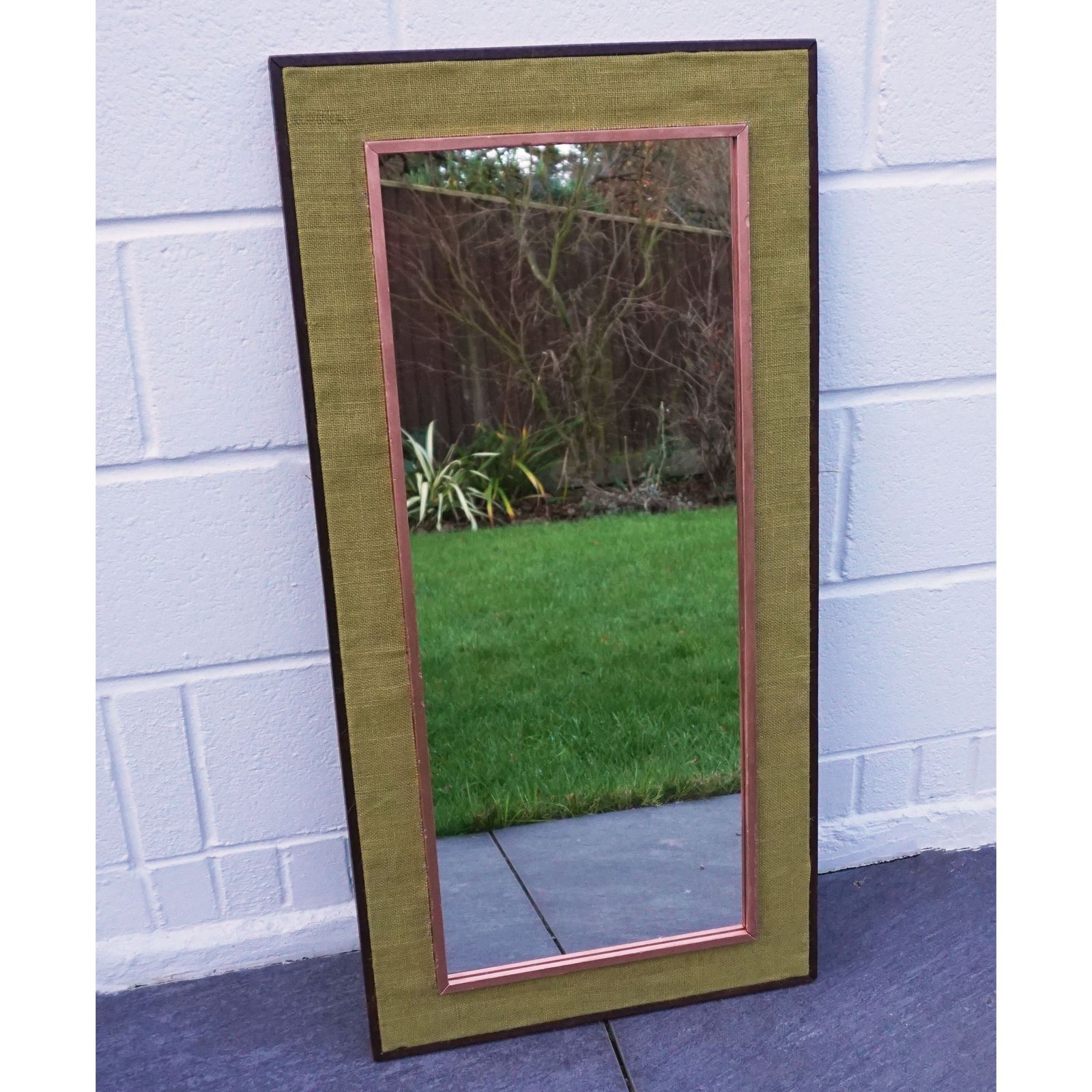 Hessian Mid Century Framed Wooden Wall Mounted Mirror In Copper & Green 1970s Style