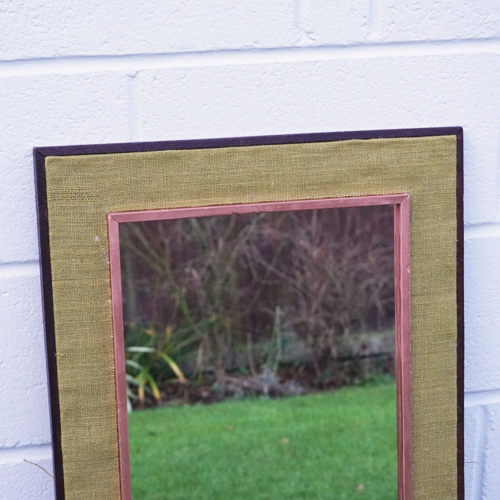 Hessian Mid Century Framed Wooden Wall Mounted Mirror In Copper & Green 1970s Style photo for sale