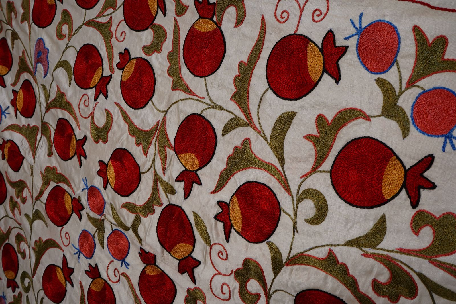 400.0 Red Uzbek Suzani Wall Hanging – Pomegranate & Animal Motif Embroidered Textile '7'5'' X 10'2'' photo