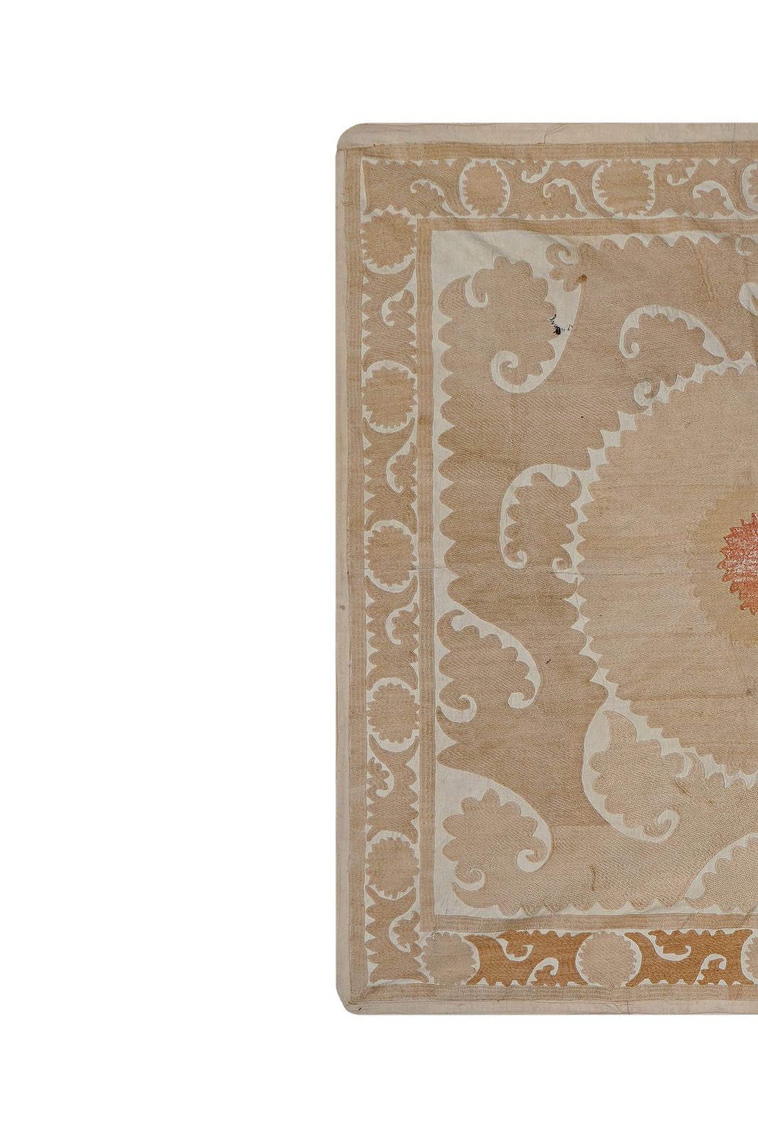Uzbek Suzani Table Cover, Neutral Beige Hand Embroidered Textile 4'6'' X 4'7'' photo for sale