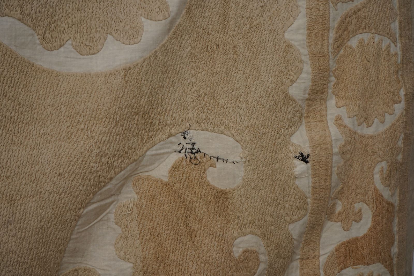 photo furniture Uzbek Suzani Table Cover, Neutral Beige Hand Embroidered Textile 4'6'' X 4'7''