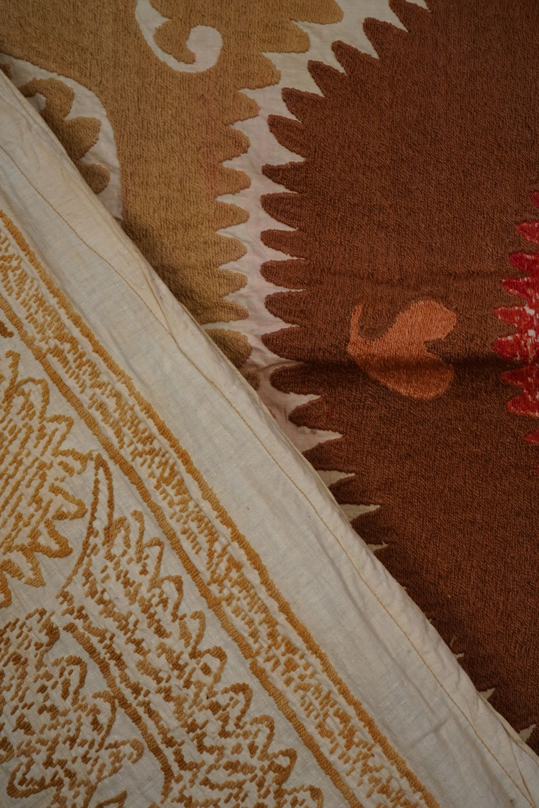 Vintage Suzani Wall Hanging, Mustard Brown Red Green Uzbek Hand Embroidery 4'4'' X 4'7'' photo for sale