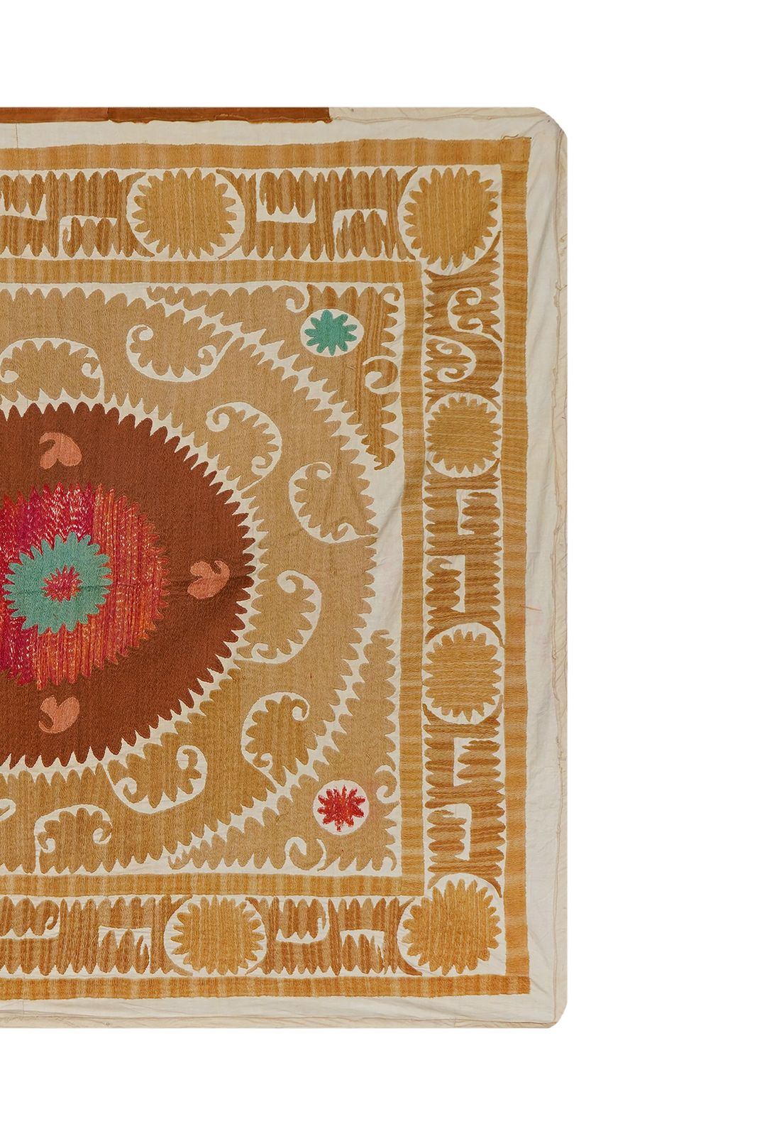 photo furniture Vintage Suzani Wall Hanging, Mustard Brown Red Green Uzbek Hand Embroidery 4'4'' X 4'7''