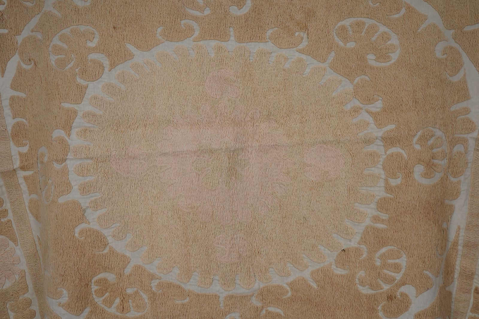 photo furniture Minimal Neutral Suzani Textile, Beige Uzbek Table Cover Decor 4'4'' X 4'4''