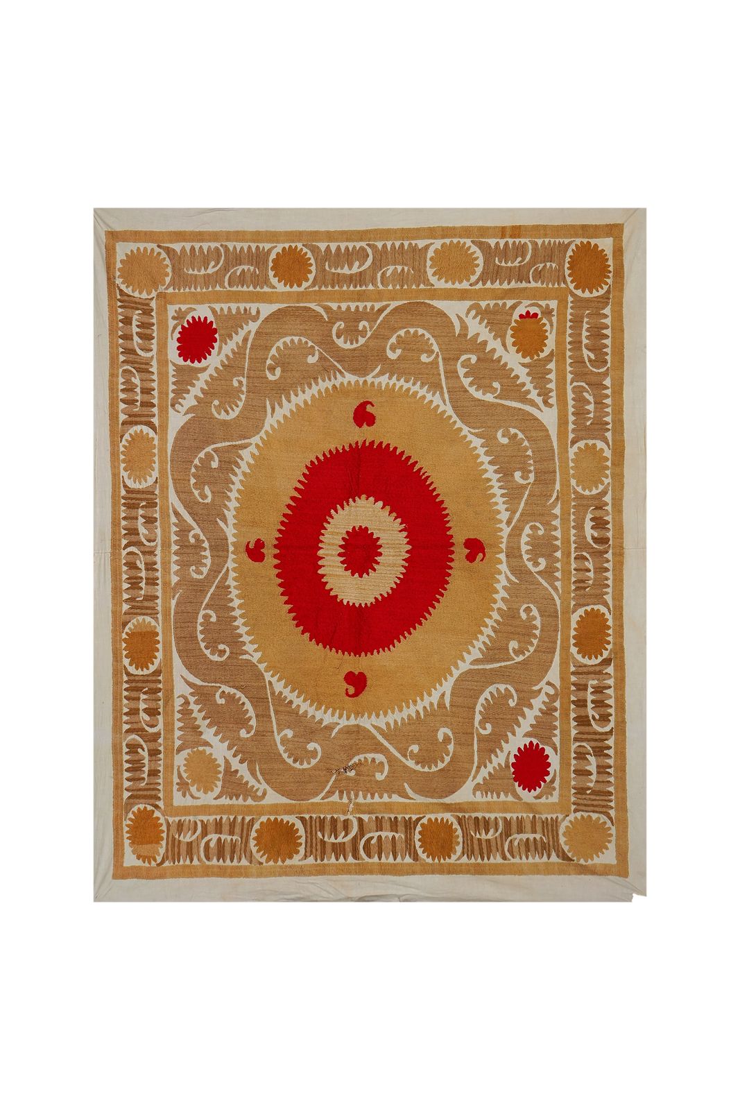 250.0 Uzbek Suzani Textile, Square Red And Camel Table Cover In Red Tones 4'2'' X 4'9'' photo