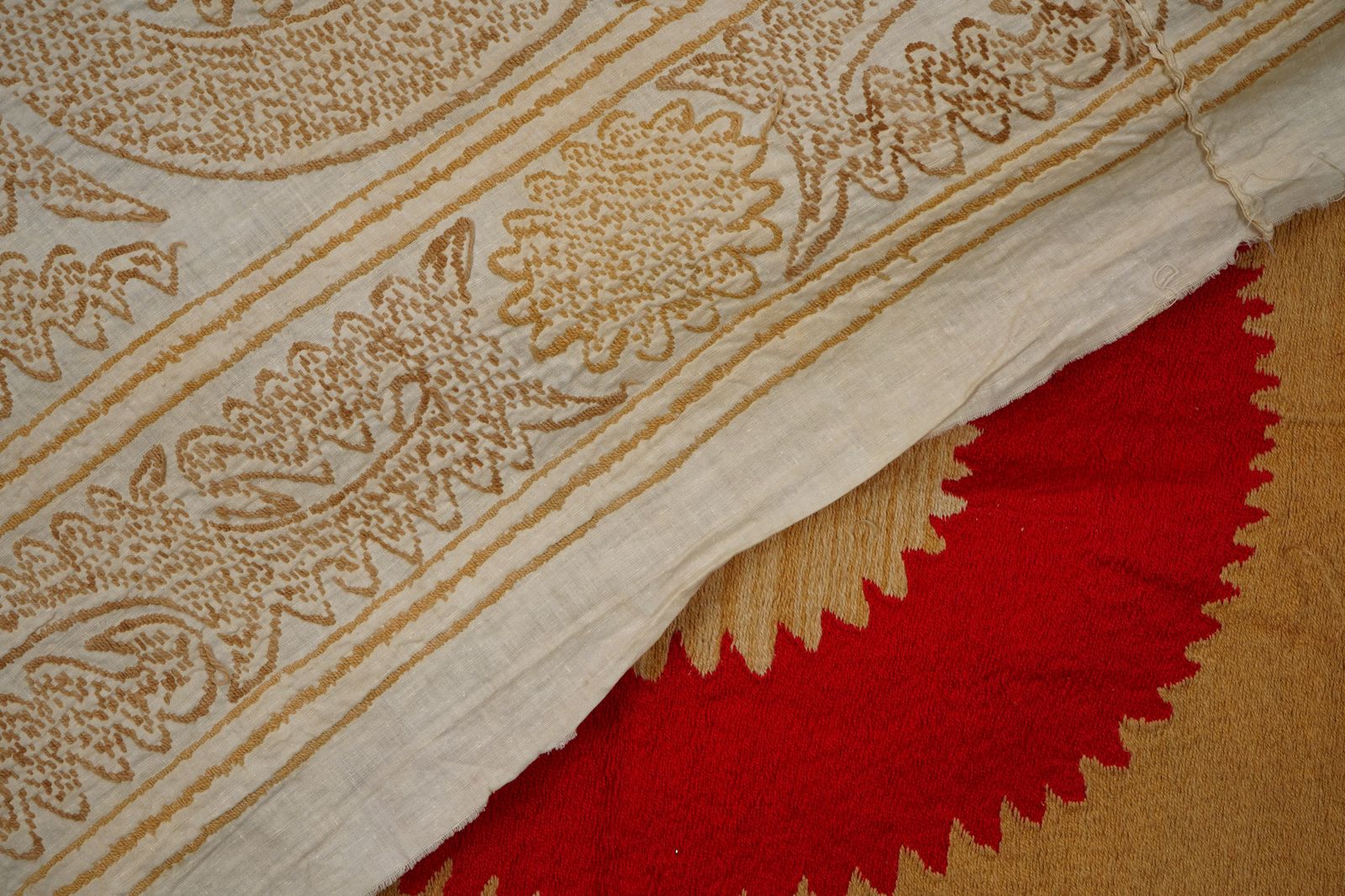 photo buy Uzbek Suzani Textile, Square Red And Camel Table Cover In Red Tones 4'2'' X 4'9''