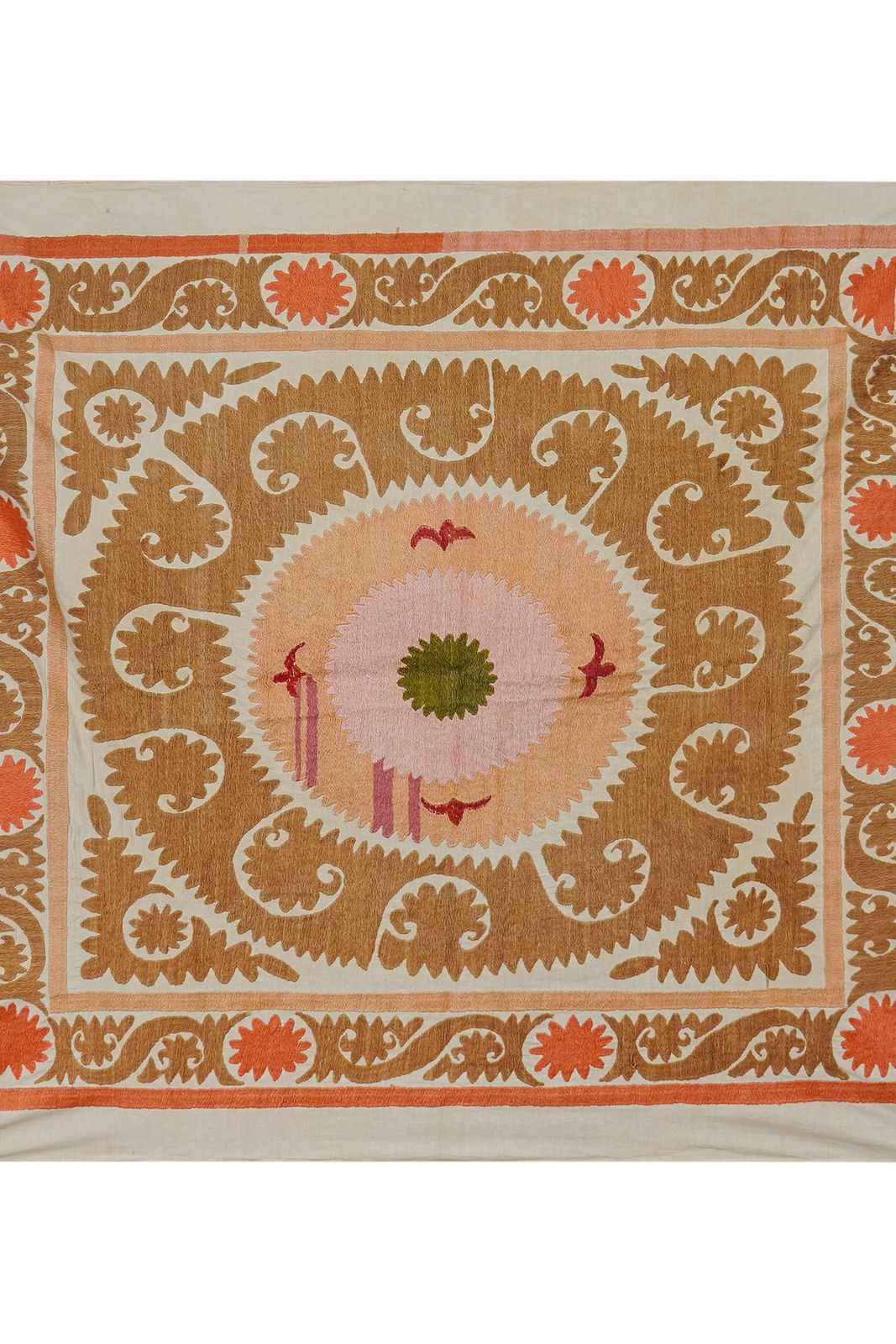 Hand Embroidered Uzbek Suzani Textile, Square Table Cover In Warm Tones 4'1'' X 4'5'' photo furniture