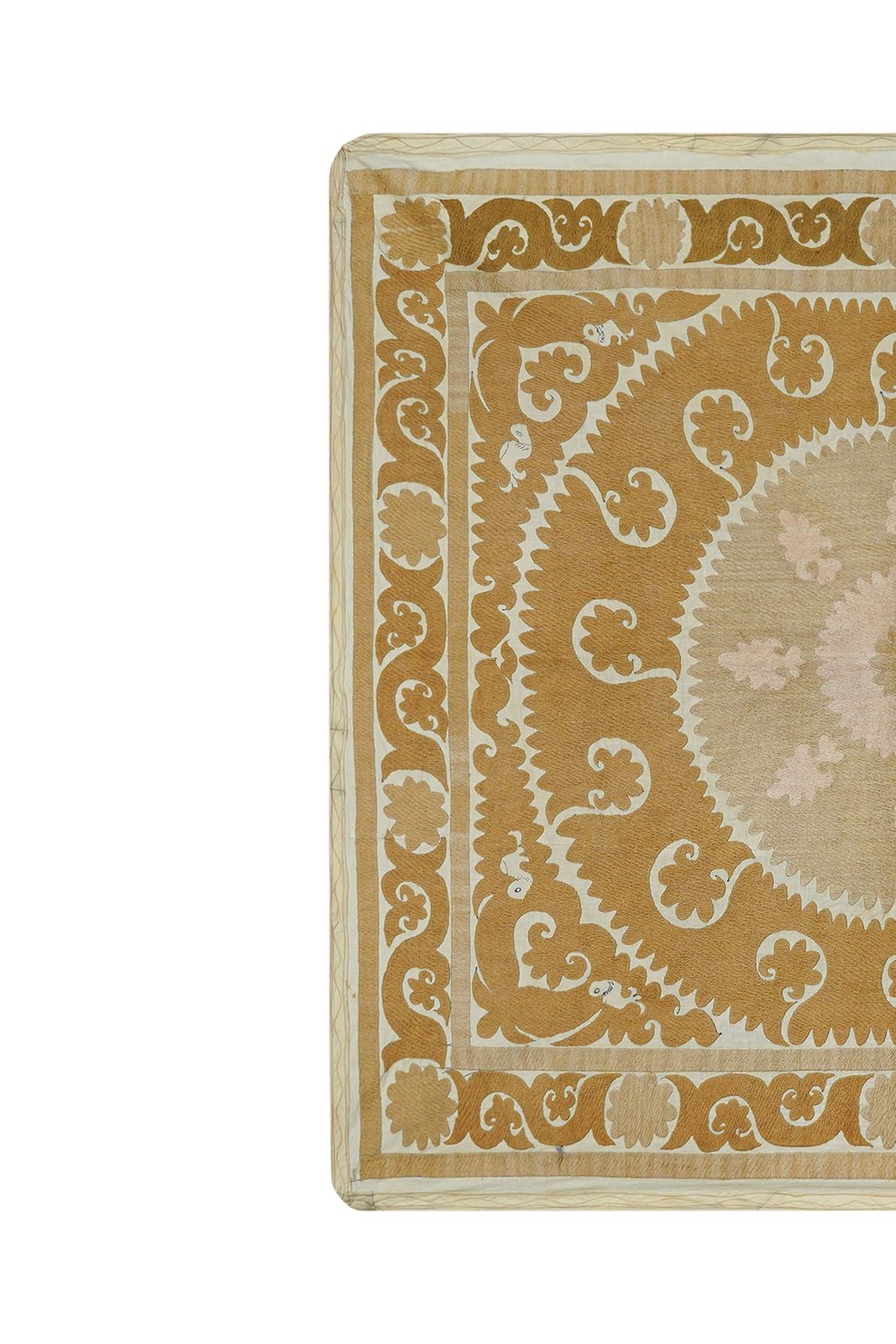 Vintage Uzbek Suzani | Hand Embroidered Pink & Tan Floral Medallion Square 4'1'' X 4'4'' photo Textiles