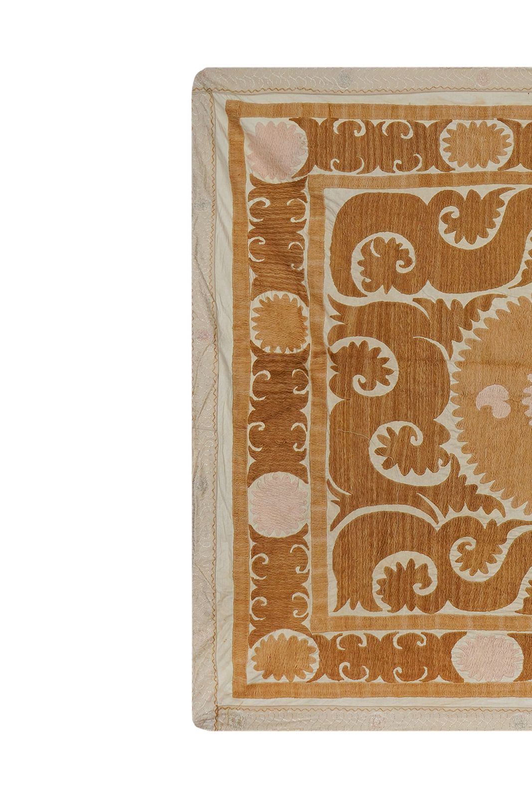Suzani Wall Hanging Decor   Faded Tan Suzani Table Cloth   Uzbek Embroidery Textile 4'1'' X 4'9'' photo 250.0