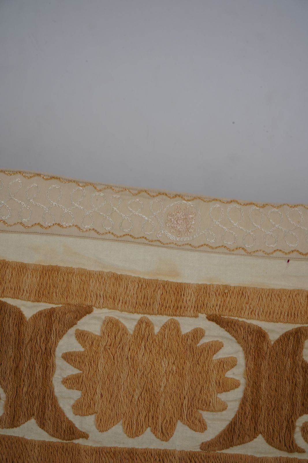 Suzani Wall Hanging Decor   Faded Tan Suzani Table Cloth   Uzbek Embroidery Textile 4'1'' X 4'9'' photo vintage