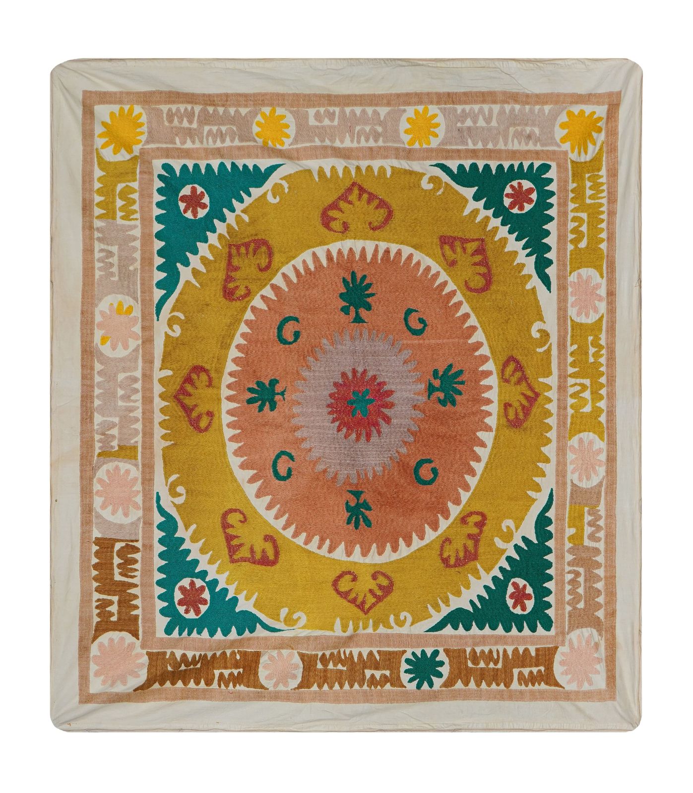 Artisan Suzani Table Cover, Vintage Uzbek Textile In Warm Tones 4'1'' X 4'5''