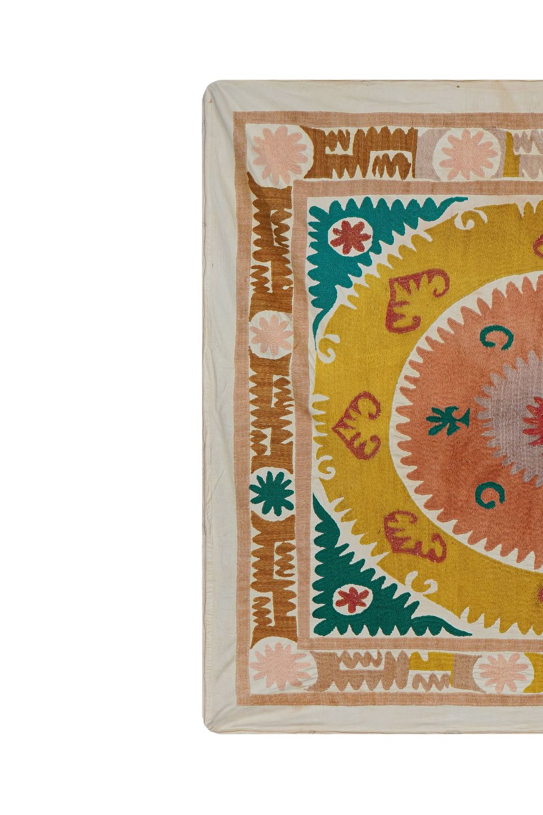 Artisan Suzani Table Cover, Vintage Uzbek Textile In Warm Tones 4'1'' X 4'5'' photo vinterior
