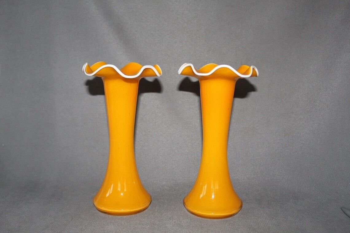 photo furniture Set Of Two Tangerine Tango Glass Vase Trumpet Vase Ruffle Collar Tulip Vase Bright Orange Style Scandinavian Or Bohemian Art Glass