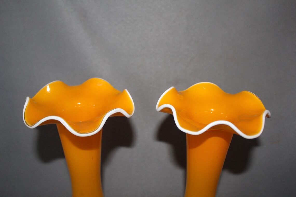 photo for sale Set Of Two Tangerine Tango Glass Vase Trumpet Vase Ruffle Collar Tulip Vase Bright Orange Style Scandinavian Or Bohemian Art Glass
