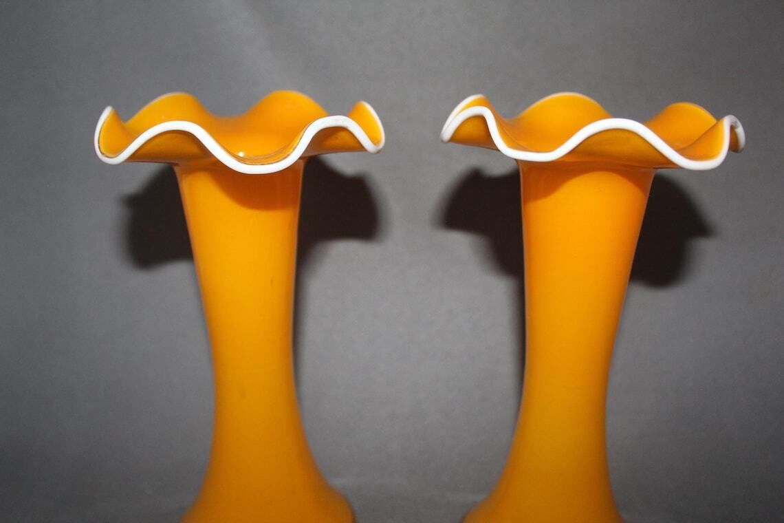 Home Decor Set Of Two Tangerine Tango Glass Vase Trumpet Vase Ruffle Collar Tulip Vase Bright Orange Style Scandinavian Or Bohemian Art Glass photo