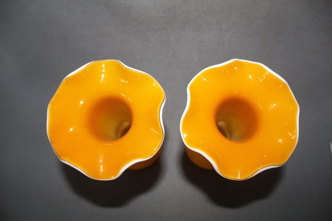 photo vinterior Set Of Two Tangerine Tango Glass Vase Trumpet Vase Ruffle Collar Tulip Vase Bright Orange Style Scandinavian Or Bohemian Art Glass