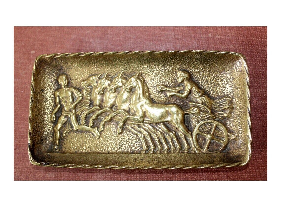 Vintage French Max Le Verrier Bronze Small Tray Pin Tray Vide Poche Signed Greek Mythology Chariot Race Horses Carriage Runner Hercules