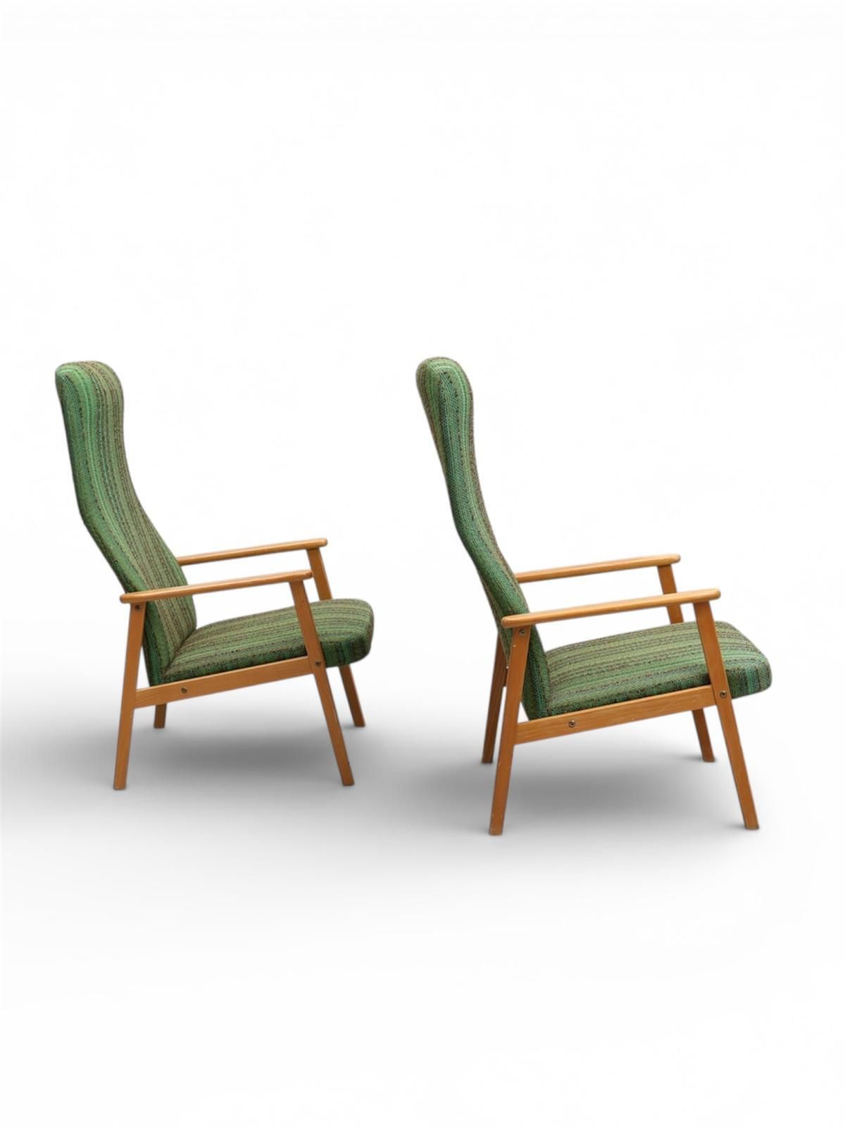 Pair Of 1950s Scandinavian Beech High‑Back Armchairs In Green Upholstery photo vinterior