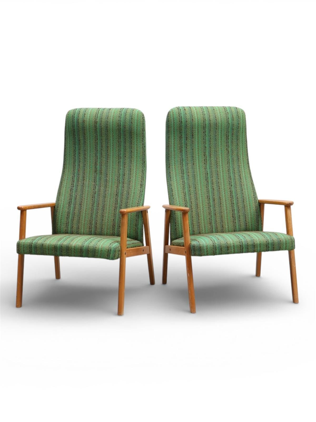 Pair Of 1950s Scandinavian Beech High‑Back Armchairs In Green Upholstery photo furniture