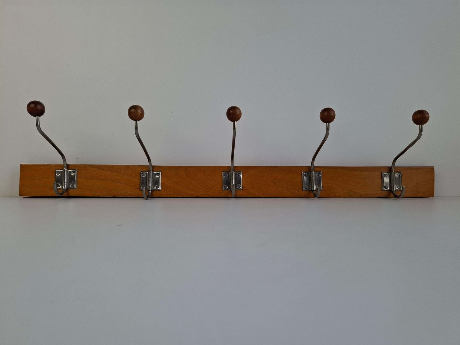 Czechoslovak Midcentury Wooden And Metal Wall Coat Rack, 1960s photo furniture