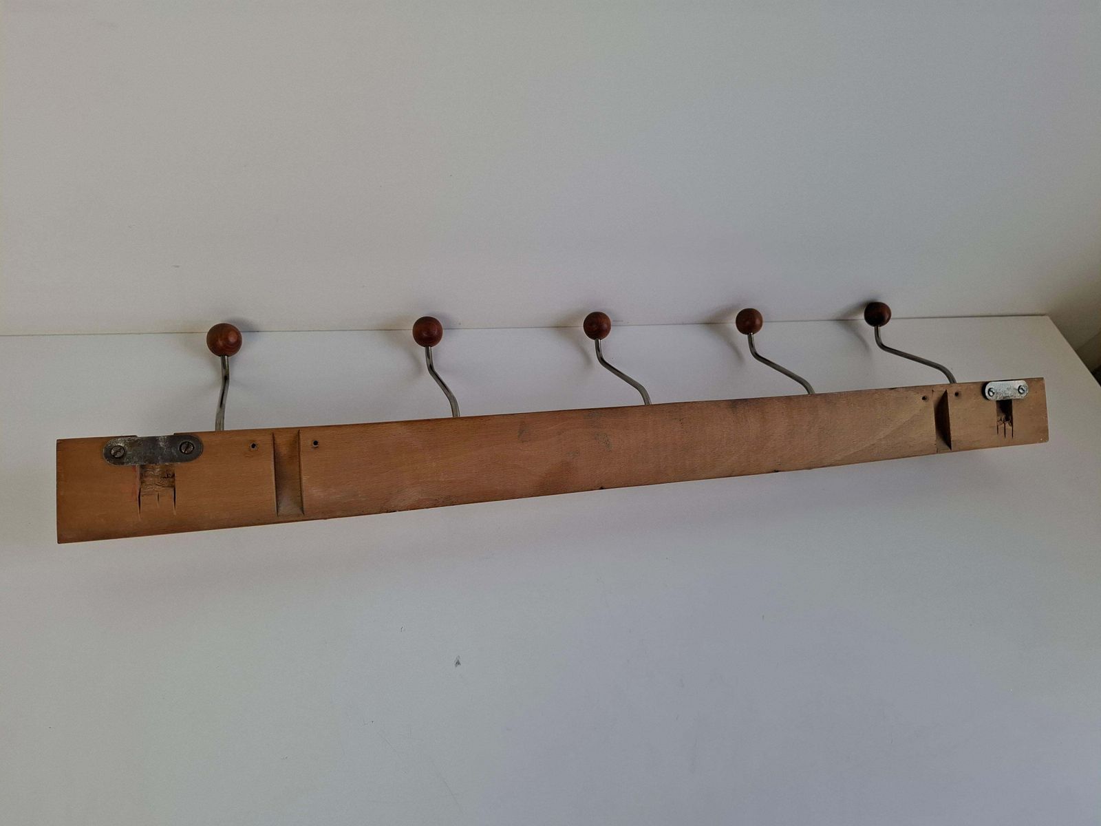 Czechoslovak Midcentury Wooden And Metal Wall Coat Rack, 1960s photo vinterior