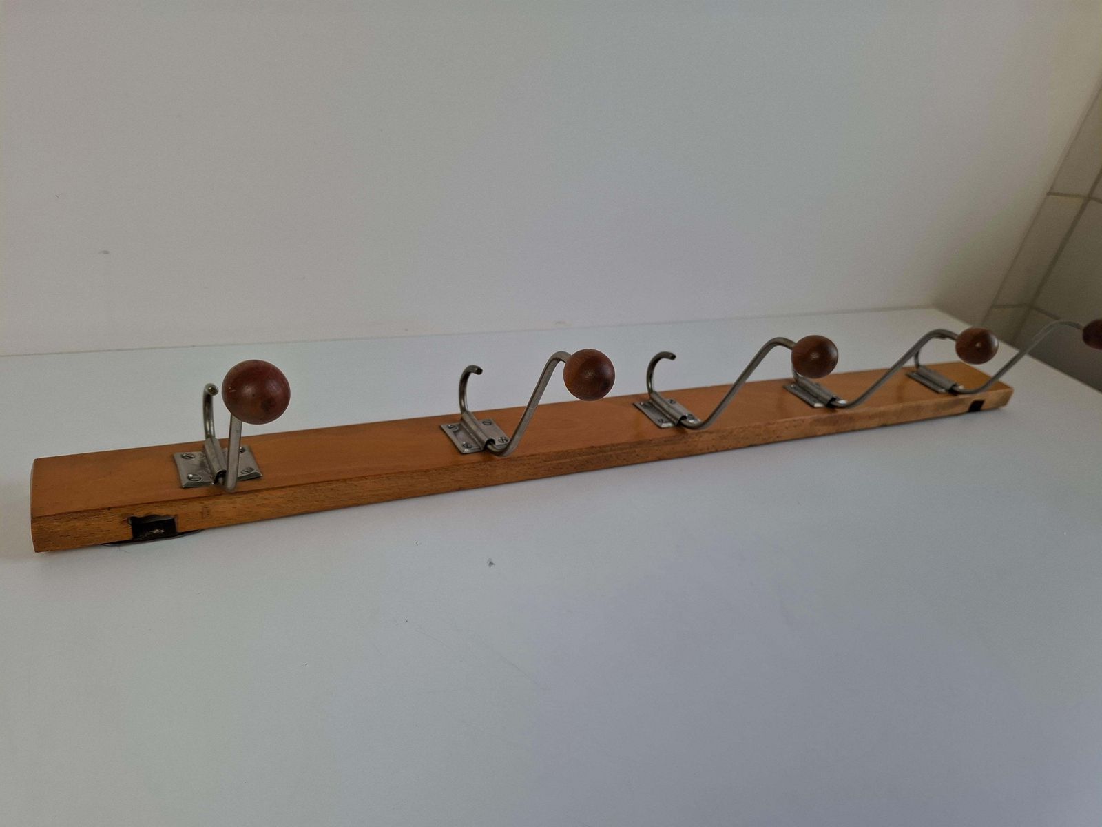 Czechoslovak Midcentury Wooden And Metal Wall Coat Rack, 1960s photo vintage