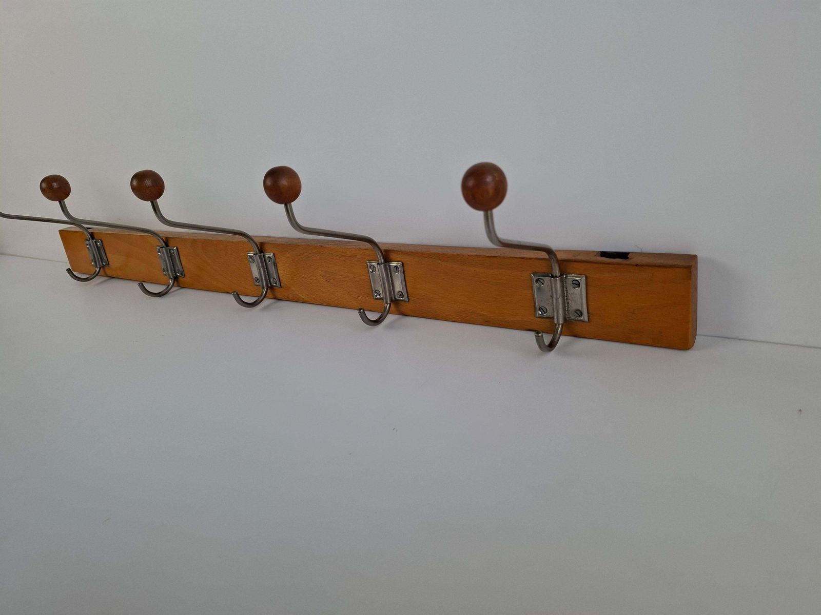 291.0 Czechoslovak Midcentury Wooden And Metal Wall Coat Rack, 1960s photo