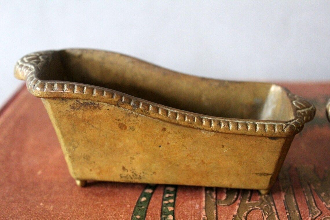 Set Of 2 Antique French Heavy Cast Bronze Miniature Bath Tub Small Bowl Sponge Holder Soap Holder Desk Organiser Vide Poche Novelty photo for sale