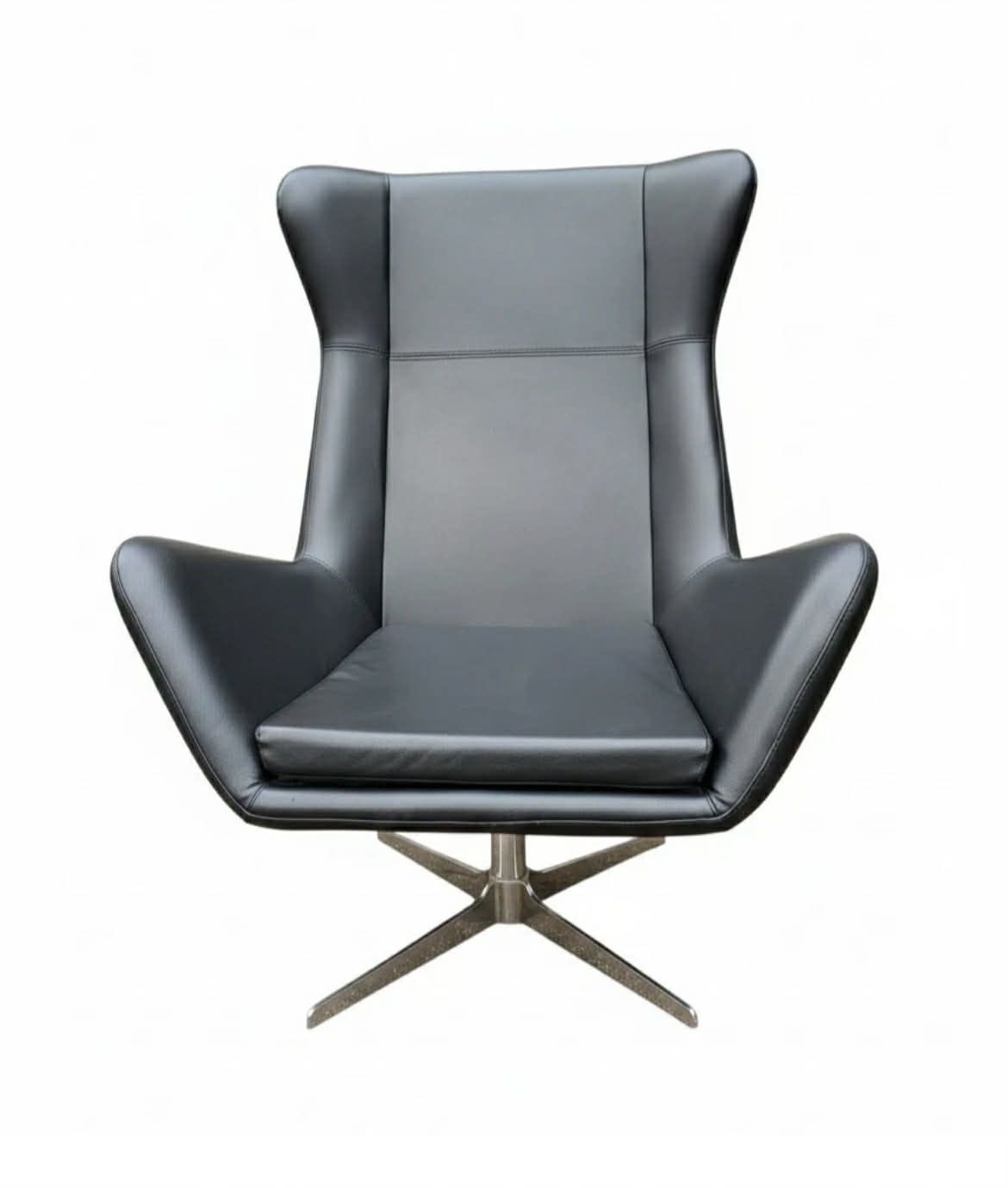 Set Of 6 1970's Vintage Swivel Office Chair, Reupholstered In Black Leather photo for sale