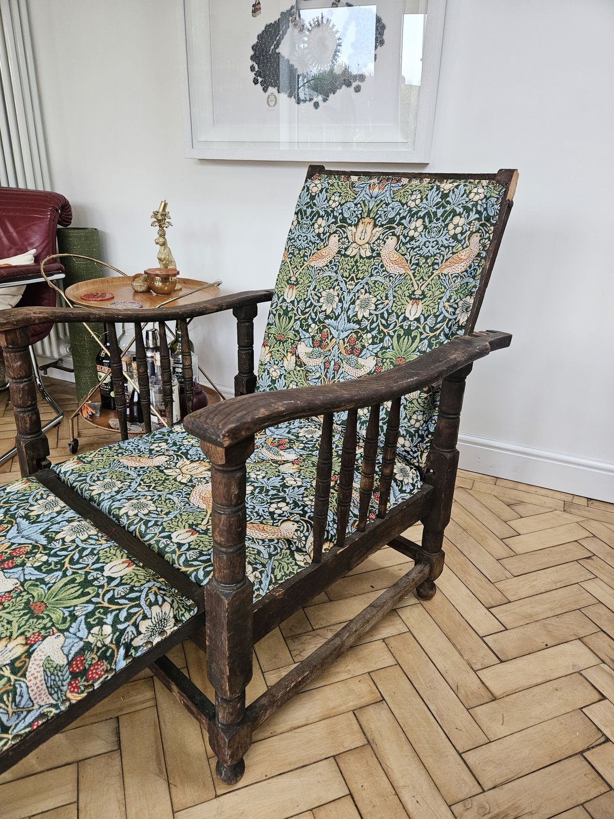 William Morris Style Steamer Chair Coverdd In William Morris Strawberry Thief Upholstery photo for sale