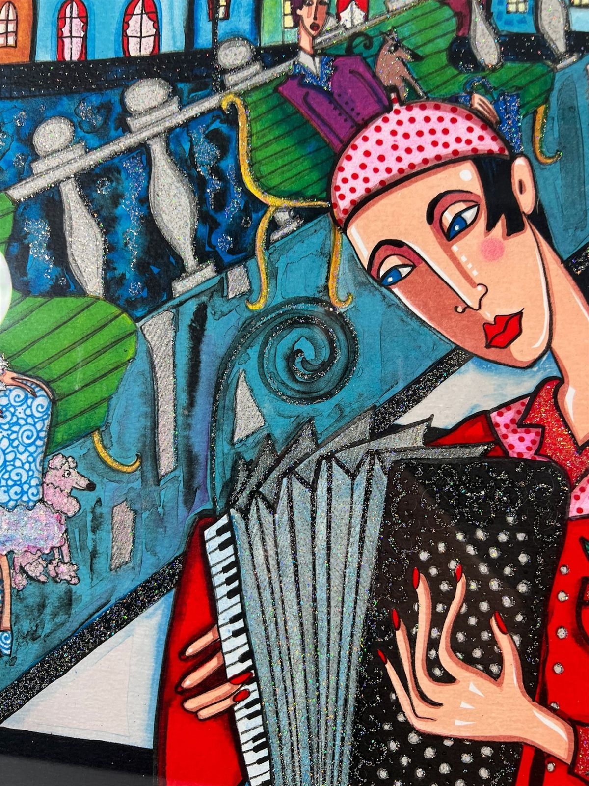 Angelica Wiik Signed Glitter Lithograph “City View In Moonlight With Accordion Player” 2/290 photo for sale