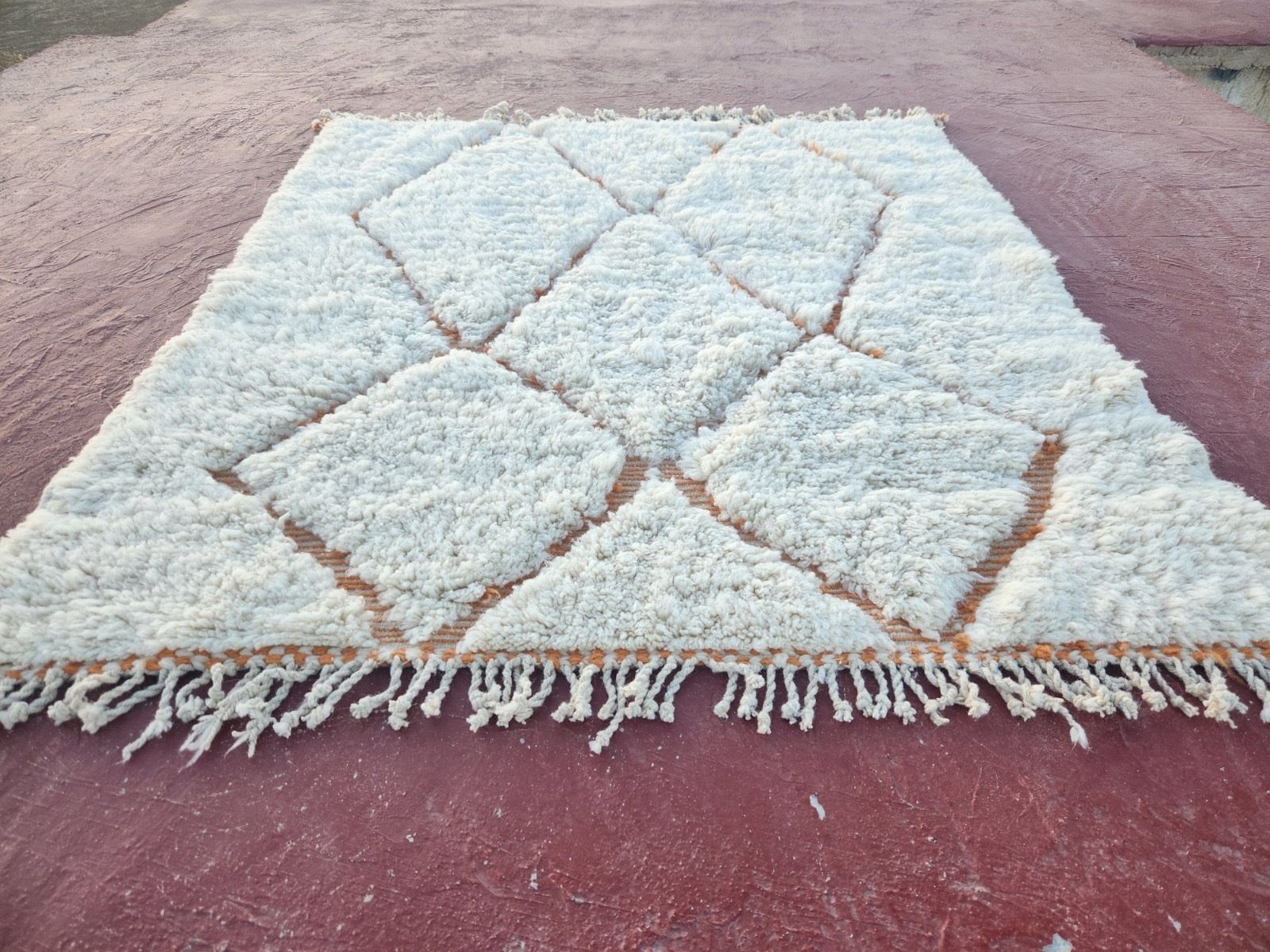 Classic Beni Ourain Diamond Rug   Terracotta Lines On Cream Wool   300x200cm photo vintage