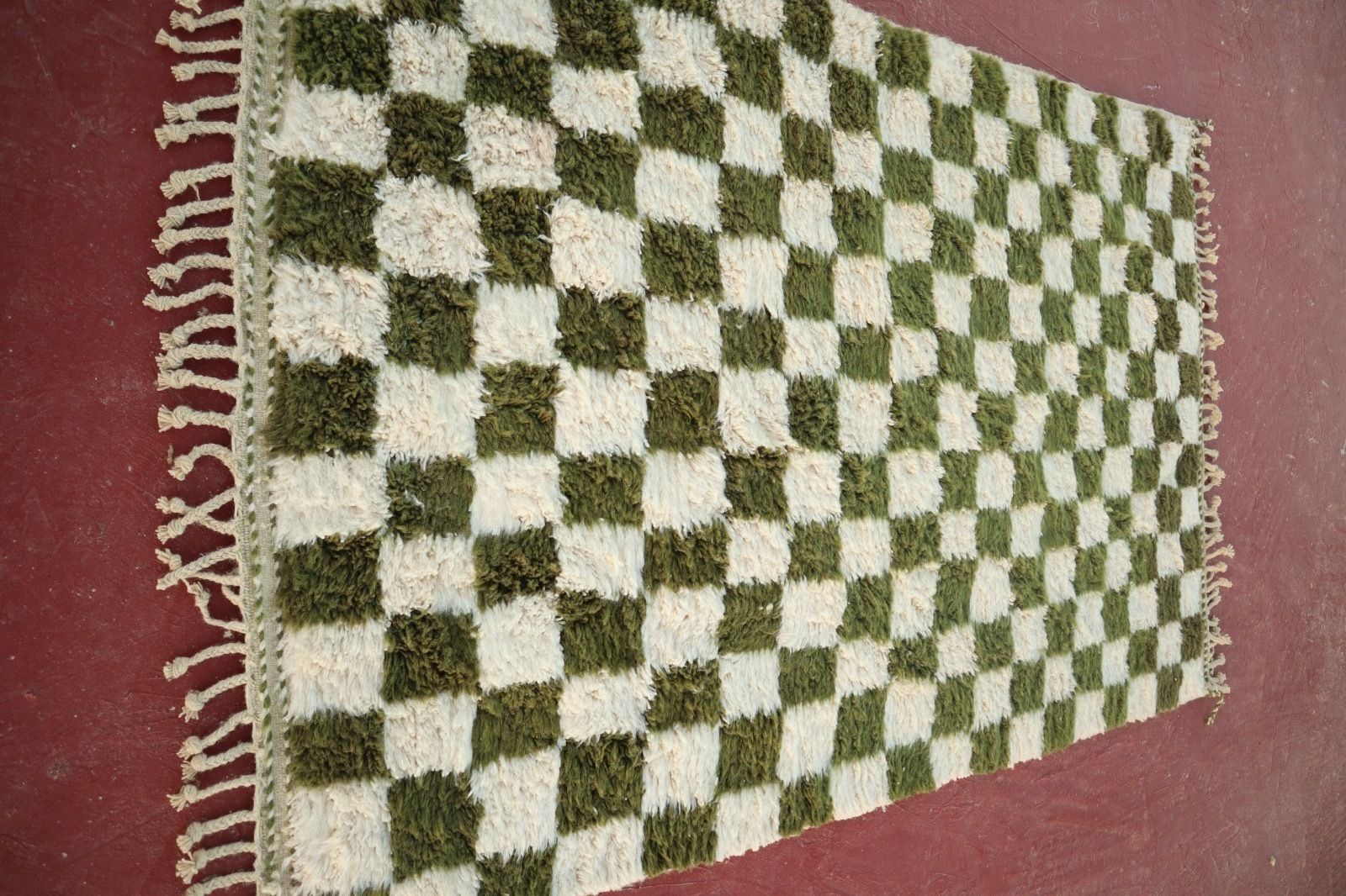 Handwoven Beni Ourain Rug – Green & Ivory Checkerboard | 250 × 150 Cm | Custom Sizes Available photo for sale
