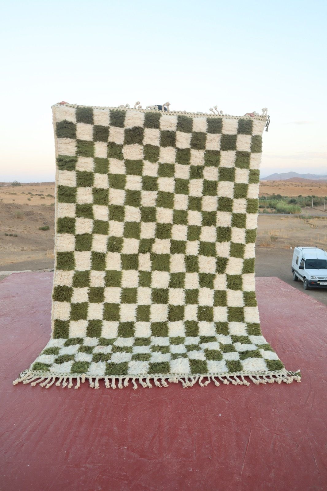 Handwoven Beni Ourain Rug – Green & Ivory Checkerboard | 250 × 150 Cm | Custom Sizes Available