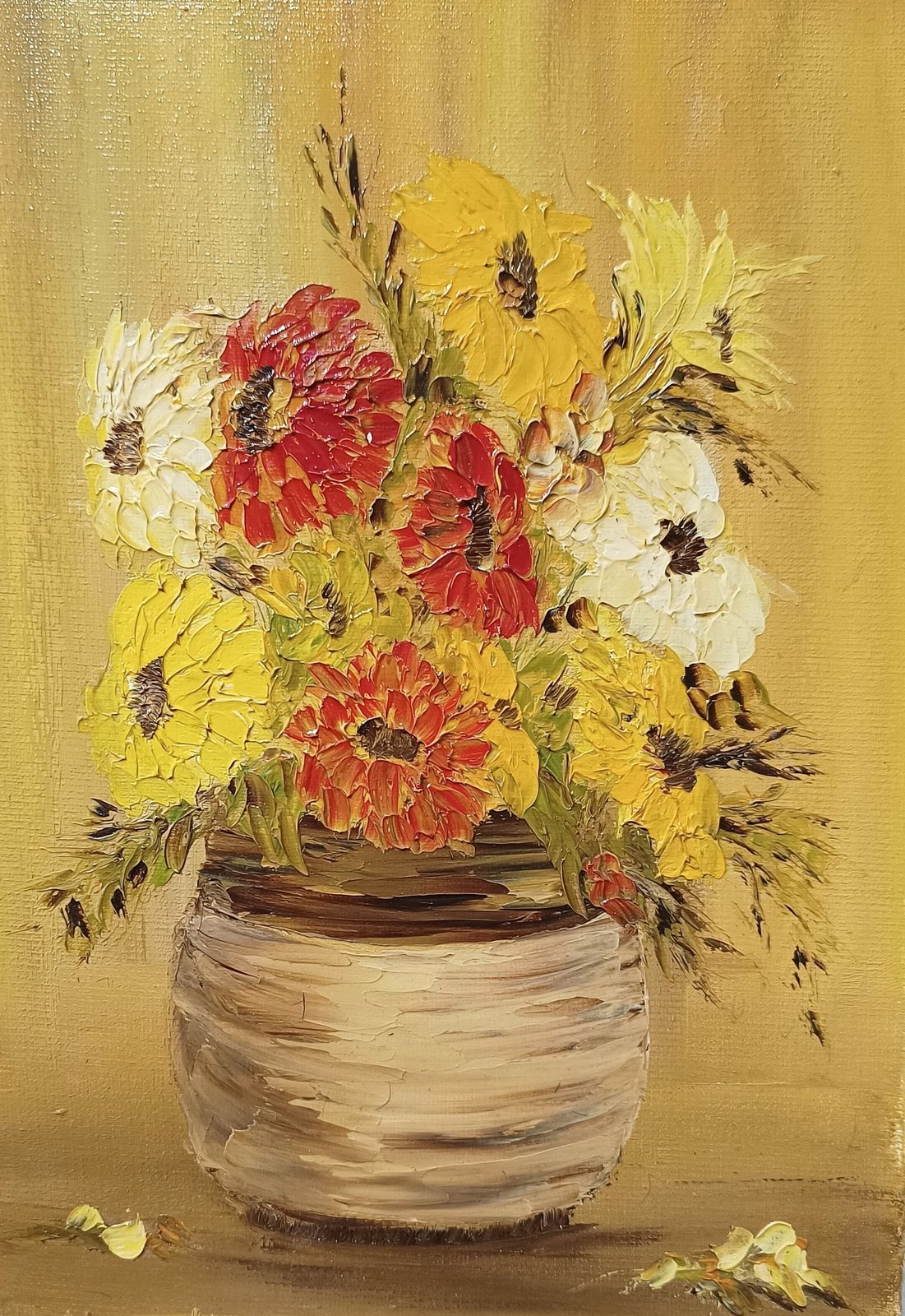 Vintage Floral Oil Painting Still Life Study Impasto Yellow Blooms Signed M.Castle Unframed. photo Art