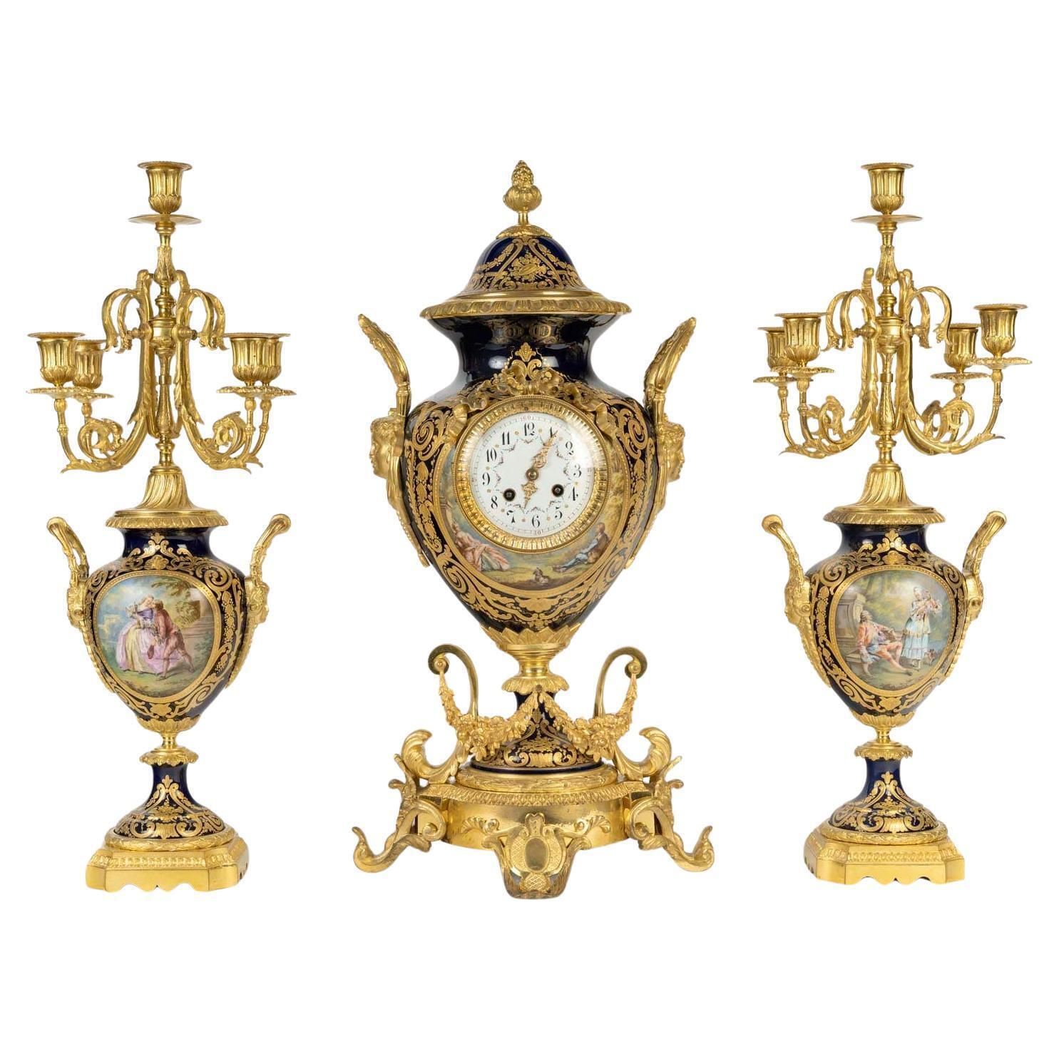 Gilt Bronze And Sèvres Porcelain Mantel Clock Set, 19th Century, Napoleon III Period