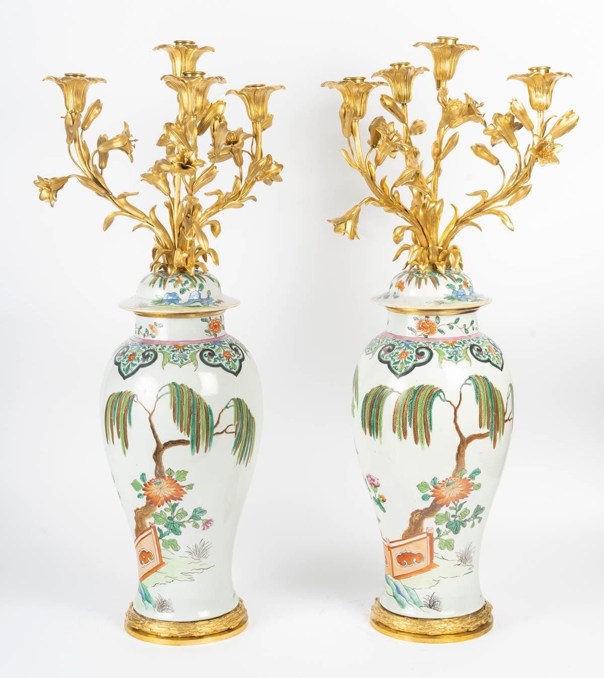 Pair Of Chinese Style Porcelain And Gilt Bronze Candelabra, 19th Century photo for sale