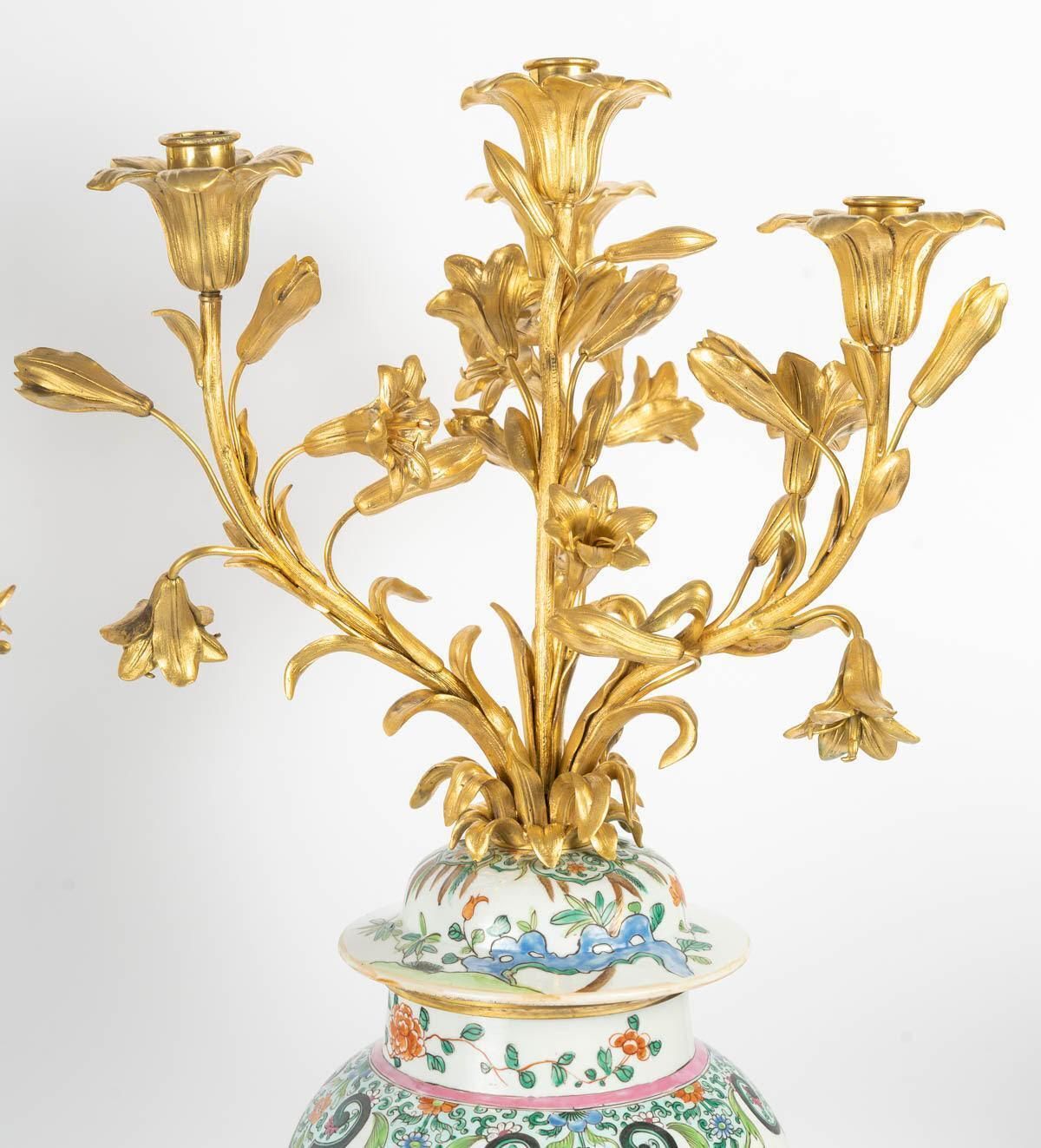 Pair Of Chinese Style Porcelain And Gilt Bronze Candelabra, 19th Century photo Home Decor