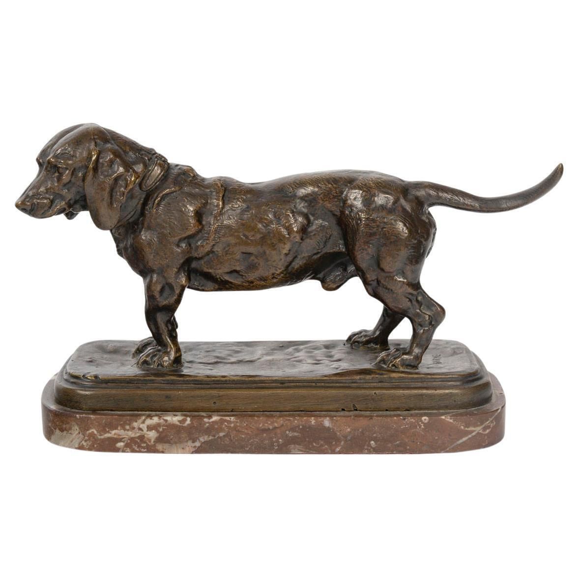 Bronze Sculpture Of A Basset Hound In Patinated Bronze, Signed Barye.
