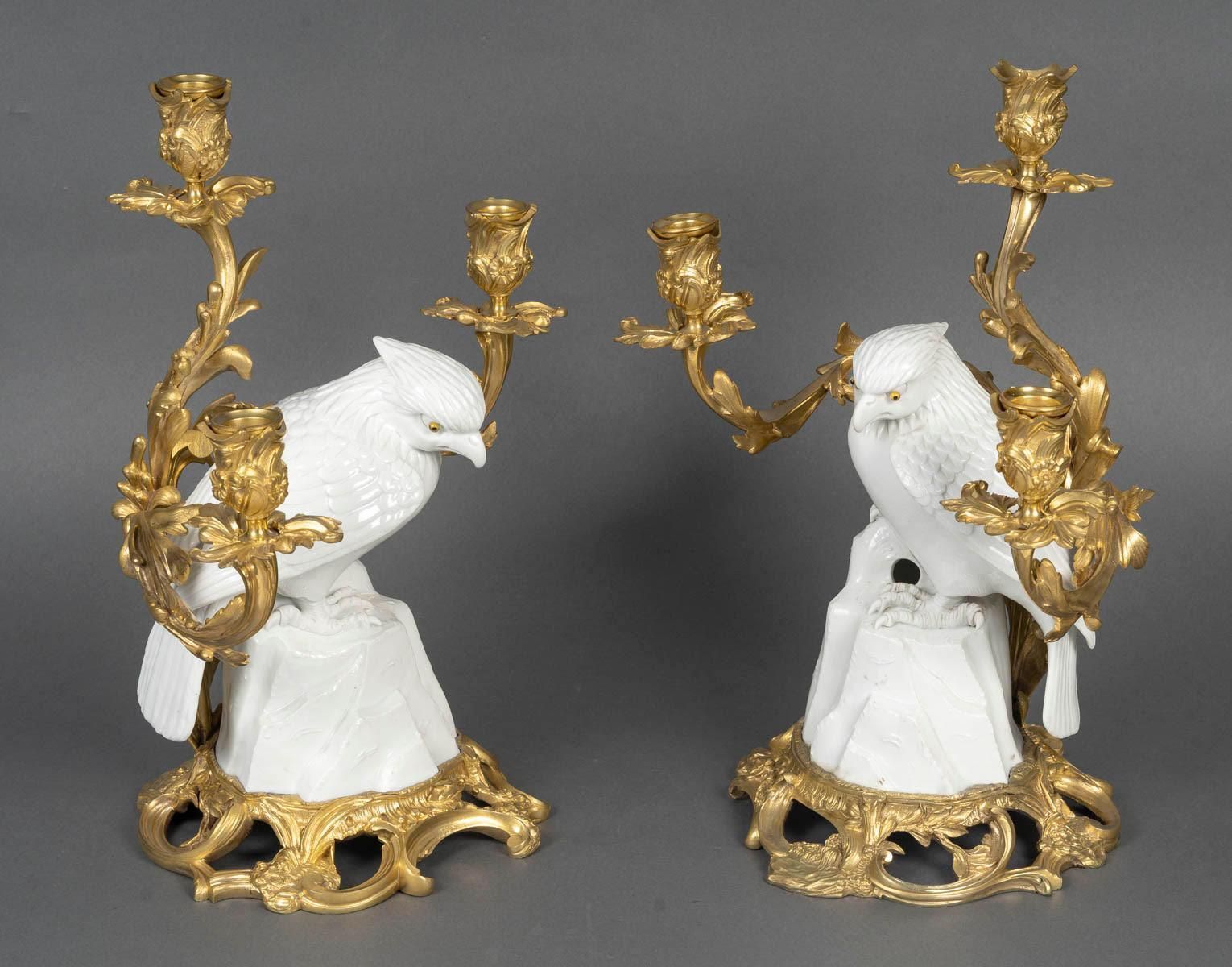 Pair Of Gilt Bronze Candelabras, Falcons In Japanese Porcelain, 19th Century. photo furniture