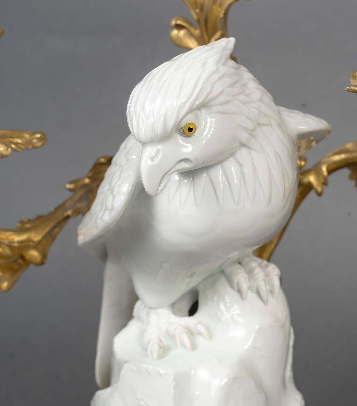 Pair Of Gilt Bronze Candelabras, Falcons In Japanese Porcelain, 19th Century. photo vintage