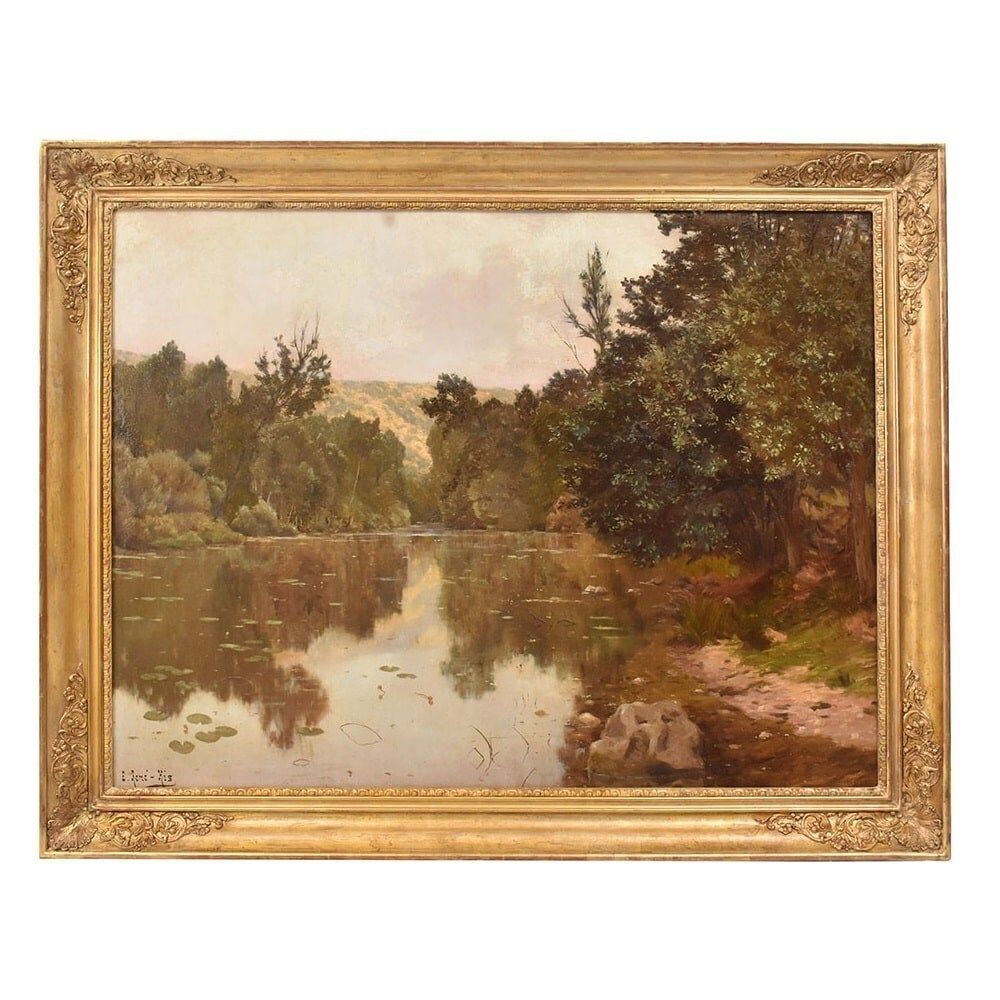 Antique Painting, Edmond His, Landscape With River, XX Century. (Qp709)