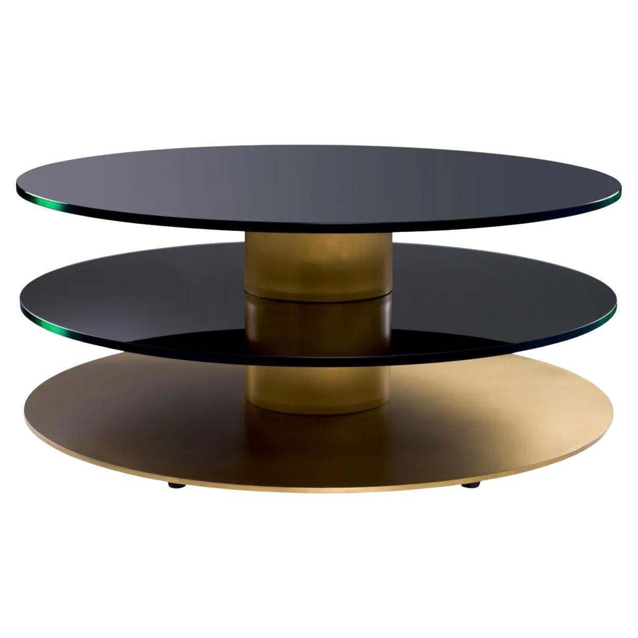 Round Coffee Table In Brushed Brass And Black Glass, Contemporary Style