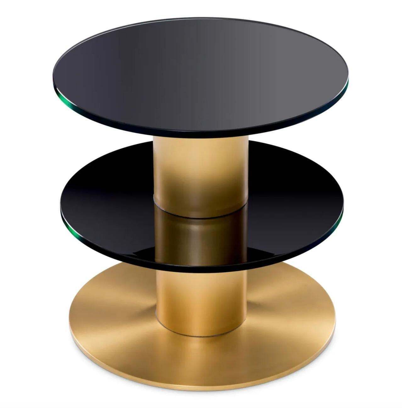 Round Side Table In Brushed Brass And Black Glass, Minimalist Style photo for sale