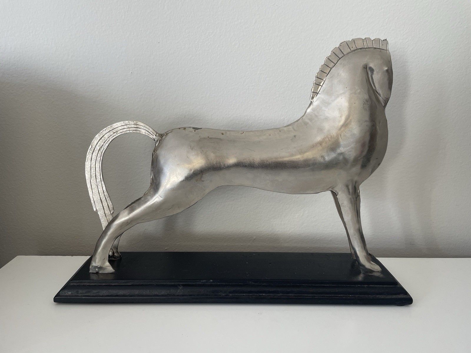 Vintage Etruscan Art Deco Style White Metal Horse On Wooden Plinth photo Art