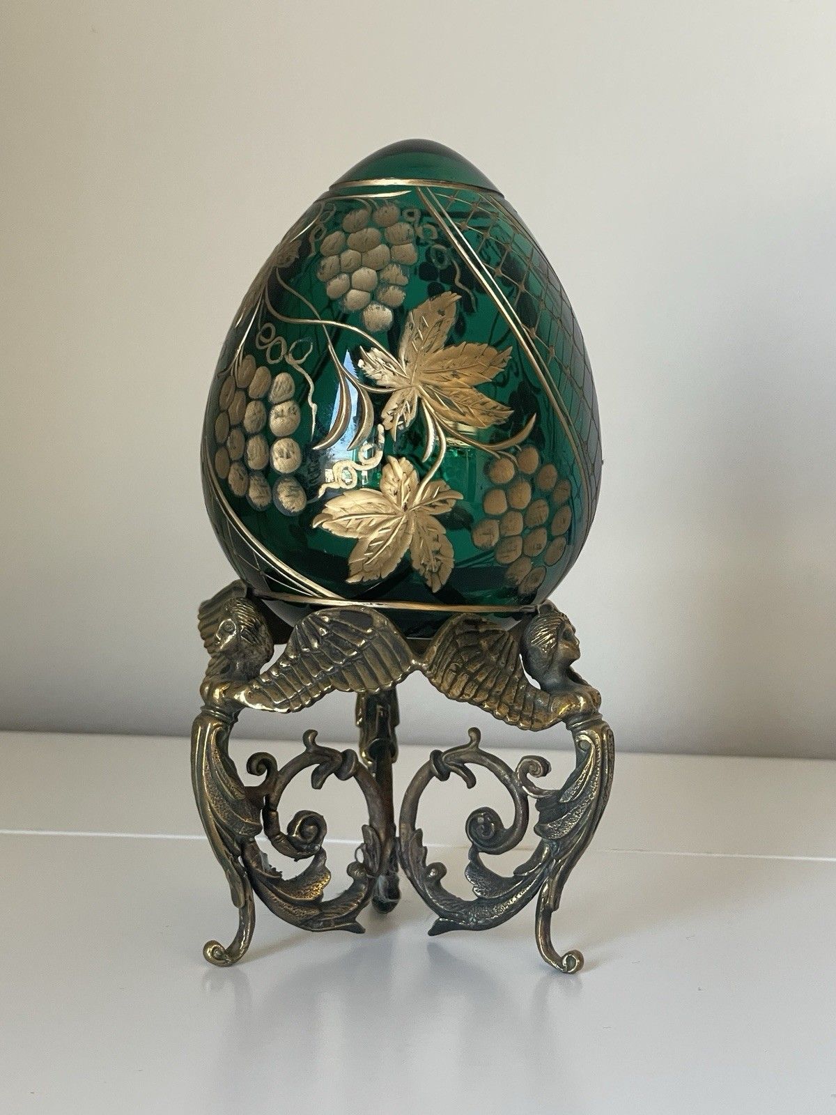 Peterhof Emerald Green & Gold Crystal Egg Hand Made Ornate Stand After Fabergé