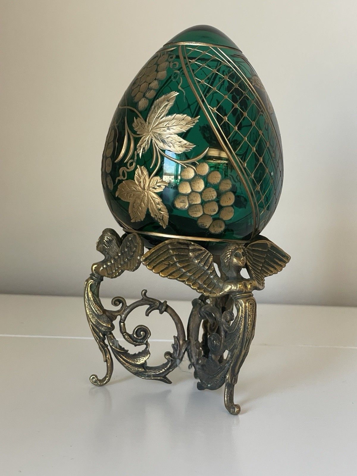 Peterhof Emerald Green & Gold Crystal Egg Hand Made Ornate Stand After Fabergé photo Home Decor